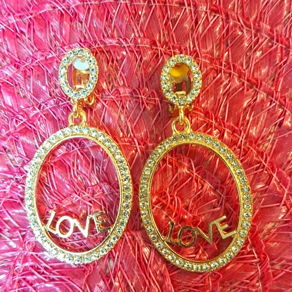 Women's Beautiful "LOVE" Insignia in White & Pink Gold Tone Rhinestone Earrings - Picture 5 of 10